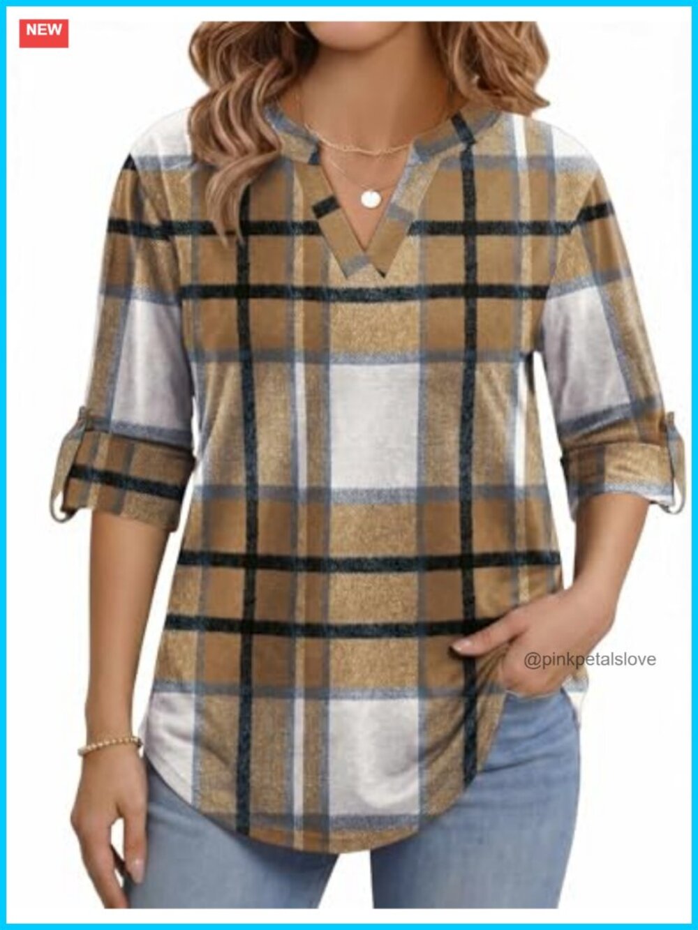 Womens Plus Size Long Sleeve V Neck Plaid Roll Up Tunic Top Blouse
